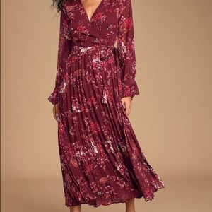 LuLus pleated midi dress with sheer long sleeves